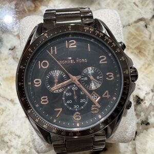Michael Kors Gunmetal Chronograph Watch - Black Dial / Rose Gold Accents